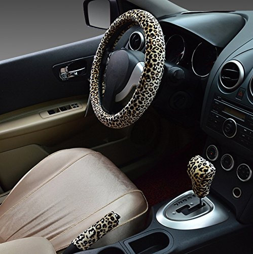 Hivel Winter Leopard Plusch Lenkradbezug Set mit Feststellbremse Shift Knob Bezuge Weich Warm Lenkradhulle Universal Anti Rutsch Lenkradschoner Fahrzeug Auto Lenkradabdeckung Vehicle 38cm - Braun
