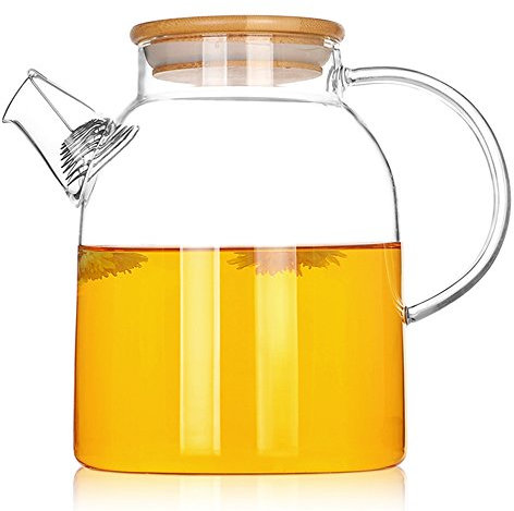 TAMUME 1500ML Tetera de Vidrio con Tapa de Bambú y Filtro de Acero Inoxidable Filtro de Agua de Vidrio de Bobina Ideal para el Recipiente de Té de Frutas y Tetera Floreciente (1500ml)