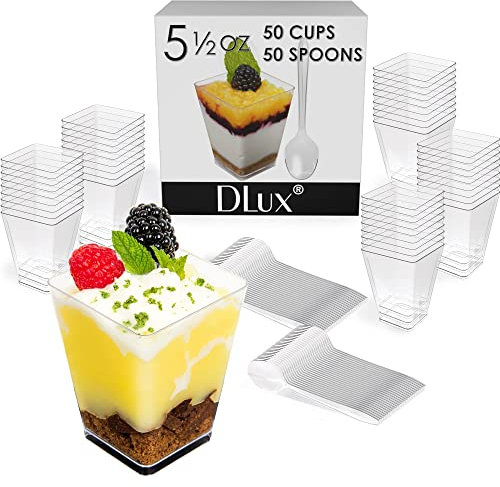 DLux Dessert Cups with Spoons, 160 ml 50 Pcs - Clear Plastic Parfait Appetizer Cups, Square Large Reusable Shot Glass Bowl for Party Desserts Appetizers - with Recipe Ebook