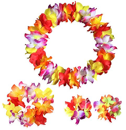 CISMARK Hawaiianische Luau Blume Leis Jumbo Halskette Armbänder Stirnband Set - - Einheitsgröße