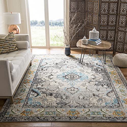 SAFAVIEH Boho Teppich für Wohnzimmer, Esszimmer, Schlafzimmer - Monaco Collection, Kurzer Flor, Grau und Hellblau, 240 x 300 cm