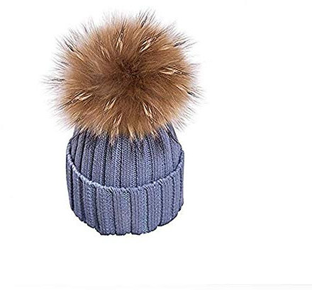 EXQULEG Warm Mütze, Echtfellbommel Pudelmütze,Winter-Mütze Bommelmütze Pelzbommel Waschbär Raccoon Pelz (Hellgrau)