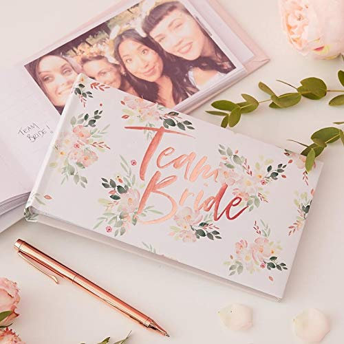 Gäste-Buch Foto-Album Team Bride Rosé-Gold Kupfer mit Blumen-Motiv - Gäste-Buch Junggesellinnen-Abschied, JGA-Party Photo-Album Braut Frau-en