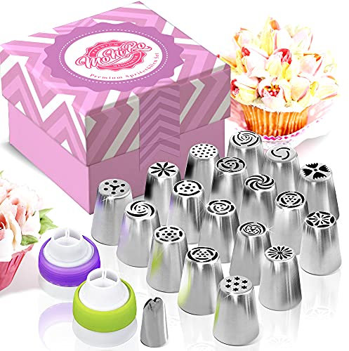 MoNiRo 33tlg. Edelstahl Profi Spritztüllen Set - Große Russische Tüllen + Spritzbeutel aus Silikon & Backzubehör zum verzieren von Cupcakes & Torten - Spritztüllenset - Rosen Blumen - Blätter