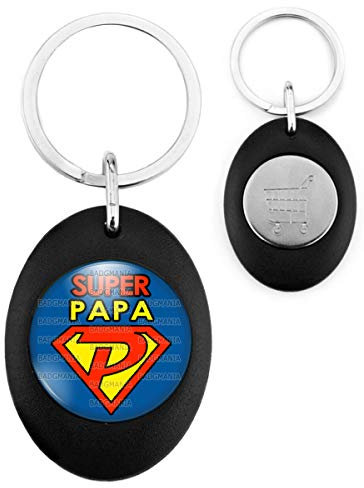 Badgmania Porte Clés Ovale Noir Jeton de Caddie Super Papa - Super Héros Fond Bleu - Idée Cadeau Fêtes des Peres Anniversaire