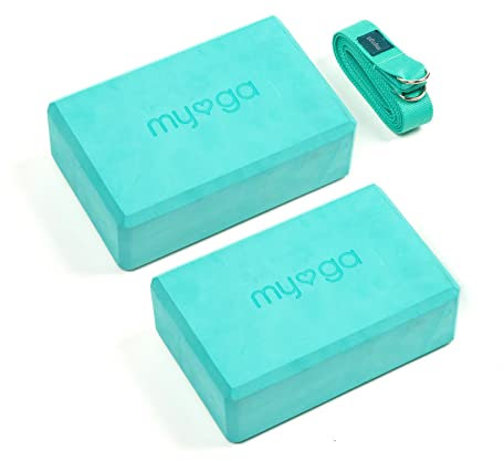 Myga Yoga-Blöcke und Gurtset – 2 Schaumstoffsteine mit hoher Dichte und Metall-D-Ring-Gürtel für Yoga, Pilates und Fitness – Unterstützung und Vertiefung von Posen, rutschfest und leicht (Türkis)