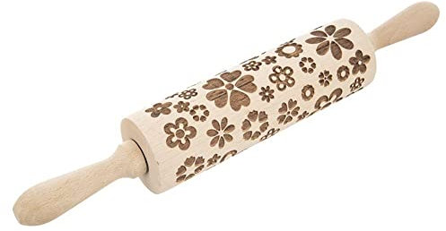 Teigrolle Nudelholz Teigroller Nudelrolle Nudelwalker dekorativ drehbar aus Holz Blumen 39 cm