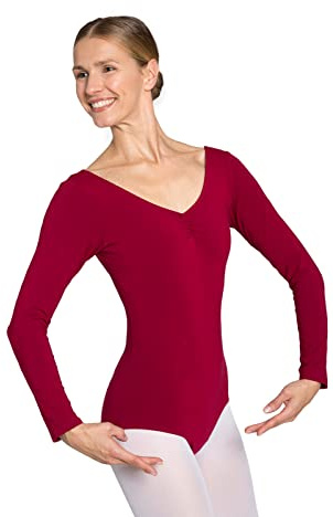 tanzmuster Ballett Trikot Damen Langarm - Isabelle - Baumwolle - Bustier - geraffter Ausschnitt - burgunder Größe 36 - roter Tanz Body - Ballettkleidung für Erwachsene