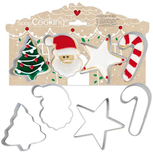 ScrapCooking - 4 Cortadores de Galletas Navidad - Moldes de Acero Inoxidable para Pastas y Sablés - Accesorios de Repostería - Árbol, Papá Noel, Estrella, Bastón de Caramelo - 2089