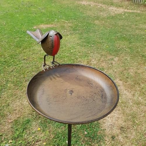Robin Bird Bath On Tall Spike | Metal Tin British Garden Bird Statue Ornament Gift Robins Appear