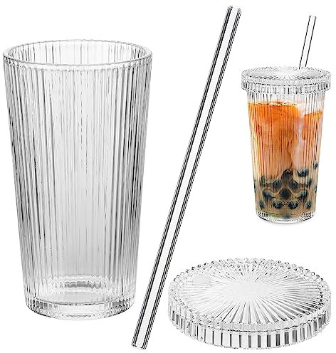 UPKOCH Vaso De Vidrio Con Y Tapa Vaso De Vidrio De Rayas Vasos De Tazas De Café Helado Vasos De Vidrio Con Tapa Para Café Batido De Té Con Leche