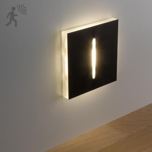 LongLife LED Treppenleuchten mit Bewegungsmelder eckig schwarz 1,5W - Lichtfarbe: Warmweiß - Lichtaustritt: Fokus Einbauleuchte für Treppen, Flur