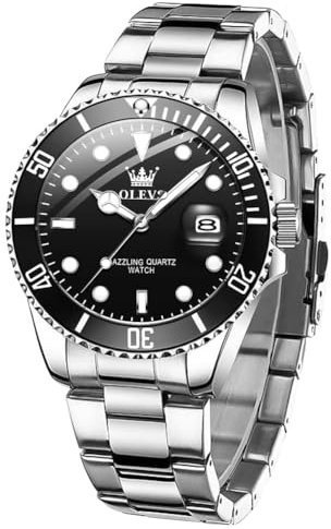 OLEVS Uhren Herren Großes Gesicht Silberne Edelstahlband Uhr Klassisches Schwarz Wählscheibe Analoger Quarz Armbanduhr Herren Leuchtend Wasserdicht Stilvolle mit Datum Watch for Men
