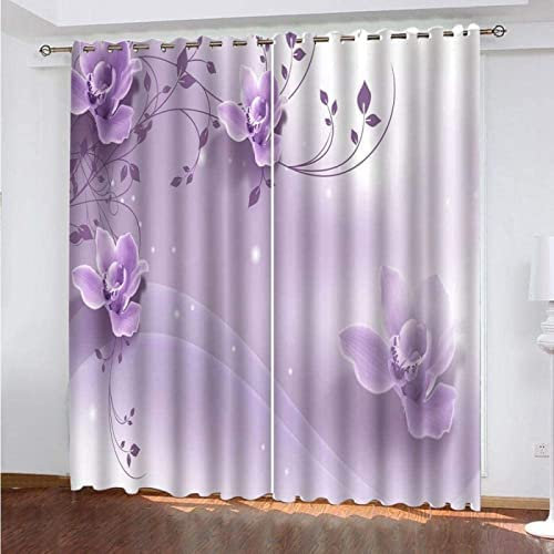 3D Druck Lila Blume Verdunkelungsvorhang Set für Junge Schlafzimmer Kinderzimmer Deko Schiebegardinen Blickdicht für Wohnzimmer und Esszimmer 280(B) X 250(H) cm