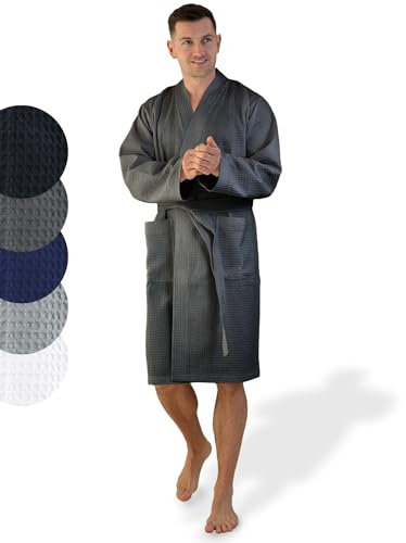 SIEGENTHAL® Herren Bademantel Waffelpique 100% Baumwolle mit Schalkragen Leicht Morgenmantel - Anthrazit Grau XL -XXL