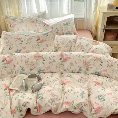 Freyamy Blumen Bettwäsche 135x200cm 2teilig Weiß Rosa Bunt Floral Schmetterling Mädchen Bettwaren-Sets Blüte Schmetterlingsmotiv Kinder Microfaser Bettbezug mit Reißverschluss und Kissenbezug 80x80cm