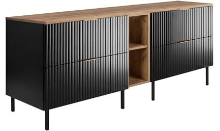 3E 3xE living.com Badezimmerschrank, Schwarz/Eiche Craft + Goldener Griff, 180 x 77 x 46 cm