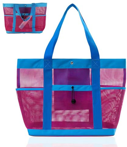 Lvjkes Mesh Strandtasche xxl mit 5 Fächern, Faltbar beach bag, Große Kapazität Schwimmtasche, für Strand, Schwimmen, Camping, Reisen, Fitnessstudio, 49 x 33 x 15cm (Rosenrot)