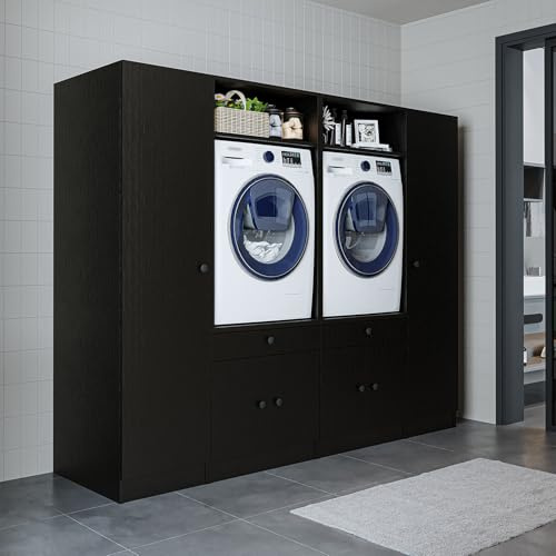 ROOMART Schrankwand für Waschküche & Hauswirtschaftsraum – 224 cm – Hochschrank mit Ausziehbrett – Waschmaschinenumbauschrank & Stauraumregal (Schwarz-Eiche, V2 : 224 x 184 x 67 cm (B x H x T))