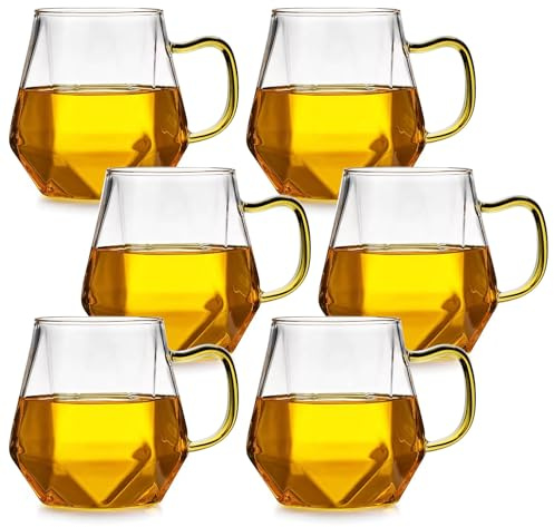 Lot De 6 Verres à Café: Tasses à Expresso En Verre Transparent, De 350 Ml En Verre Borosilicate Résistant à La Chaleur, Diamant Design, Mug En Verres Avec Poignées Pour Café, Cappuccino, Thé