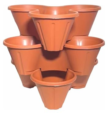 Strawberry Planter with Multiple Pockets – Vertical Strawberry Tower Pot for Growing – Tiered Stackable Garden Planter for Patio, Balcony & Outdoor Use – Black or Terracotta (3, TERRACOTTA)