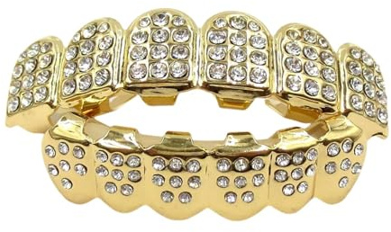 Grills for Teeth Set, Dimond Grillz Hip Hop Style, Grillz Teeth with Rhinestones for Party Music Festival Cosplay Decoration (Gold)
