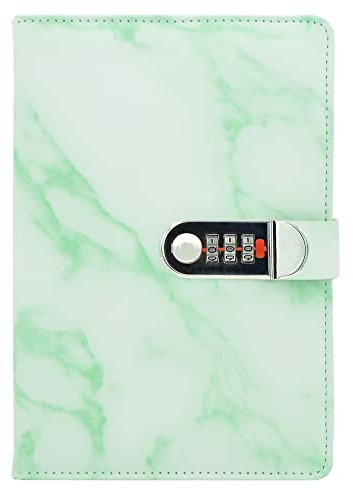 NectaRoy PU Leather Cover Writing Notebook, Lockable Diary Lock Journal, Marble Pattern Wire Binding Lined Daily Travel Journal with Lock, Password Notepad with Pen Holder, Size 218x150mm