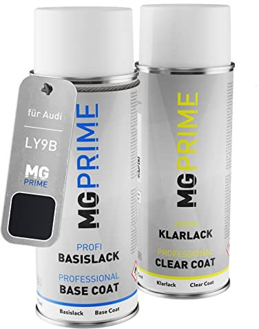 MG PRIME Autolack Sprühdosen Set für Audi LY9B / Y9B / A2 Brillantschwarz/Brilliant Black Basislack Klarlack Spraydose 400ml