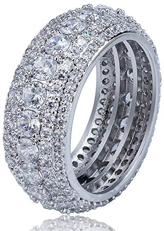 TOPGRILLZ 10MM Rings For Men 14K Silver-Plated 5A+ Cubic Zirconia Iced Out Anniversary Bling Black Band Pinky Mens Rings Fashion(White Gold, 11)