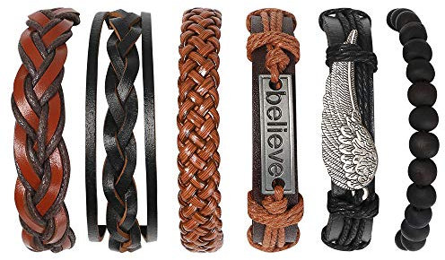 flintronic® Lederarmband, 6 Stück Geflochtene Armband Set, Lederarmband Geflochten Punk Rock Stil Größe Verstellbar für Männer & Frauen