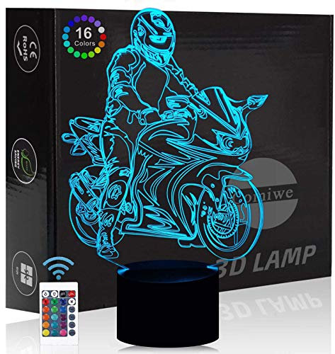 Comiwe Motorrad Motocross 3D Illusion Nachtlicht Spielzeug,Haus Dekor LED Bettseite Tischlampe 16 Farben Ändern und Fernbedienung,Weihnachten Geburtstag Geschenk für Junge Kinder Freunde und Familie