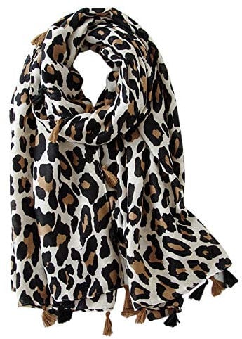 Soudittur Damen Schal Leopardenmuster Winter Warmer Halstücher mit Fransen - Übergroßer 180 * 100 cm (Beige)