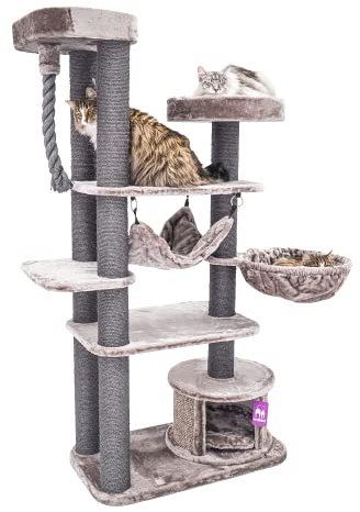 Petrebels Kratzbaum Scenic View 175 cm, Premium Qualität Kratzbaum Grosse Katzen Stabil mit XL Hängematte und Sisal-Seil, 85 x 50 x 175 cm. Farbe Cappuccino