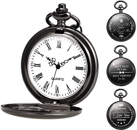 TREEWETO Taschenuhr Personalisiert Gravur Taschenuhr mit Kette Herren Schwarz Geschenk zum Geburtstag Vatertag Vater Vatertagsgeschenk