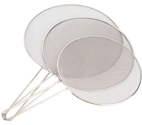 Cabilock 3pcs Stainless Steel Splatter Screen Guards with Flat Mesh Oil Strainer for Frying Pans and Skillets, Easy to Clean with Long Looped Handles, for Home Cook and Chef Use