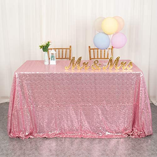 ShinyBeauty Sequin Tablecloth Rectangle 50x80-Inch Rose Pink Sparkly Table Cover Wedding Party Decor Pink Gold Sequence Table Cloths Overlay Great Gatsby Decorations (50x80-Inch)