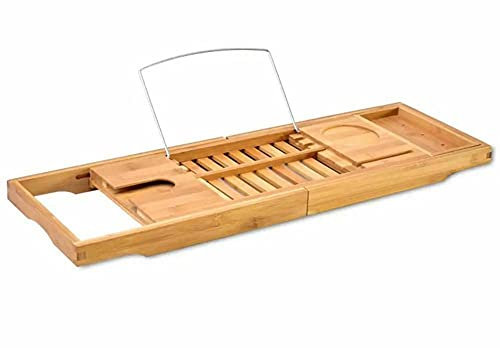 Unibos Bath Caddy with candle, wine glass, book, tablet, ipad & phone holder. Extendable/adjustable bridge, Natural wood over bathtub tray100% bamboo (Natural)