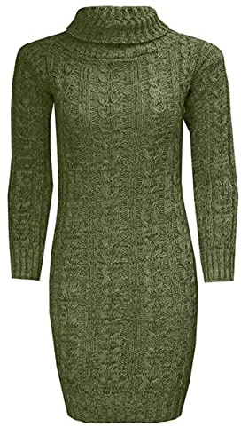 WearAll Women's Polo High Neck Long Sleeve Cable Knitted Jumper Dress Ladies Bodycon Mini 8-22