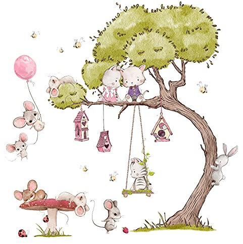 Little Deco Wandsticker Wandtattoo Kinderzimmer Mädchen Mäuse Wandaufkleber Vögelhäuser Wandbild Mädchenzimmer Katzen Rosa Schaukel Wanddeko Blumenranke DL721-2