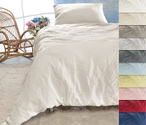 Wohnen & Accessoires GmbH & Co. KG Leinen-Bettwäsche-Set Sintra 100% Leinen aus Portugal, 2-teilig Bettbezug und Kissenbezug (2tlg. 135x200cm + 80x80cm, Elfenbein-Weiß)