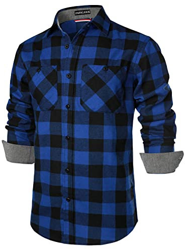 PARKLEES Chemise classique élégante à manches longues en polaire à carreaux avec poche pour homme, bleu/noir, S