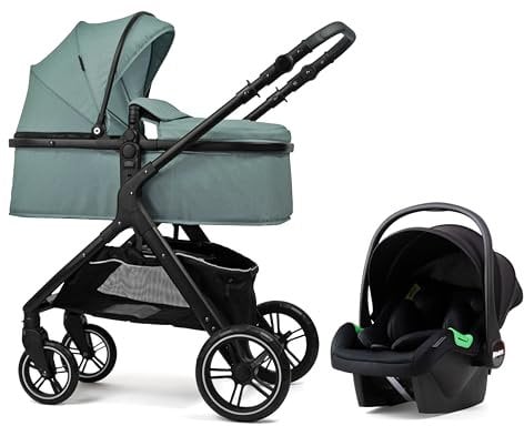 Pixini Kinderwagen Nelio 3in1 Kombikinderwagen, inkl. Babywanne & Buggy & Auto-Babyschale & Wickeltasche/Becherhalter/Regenschutz/Adapter (schwarz/mystic mint)