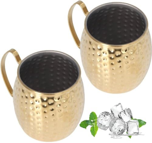 Cyrank Moscow Mule Becher 2er Set, 500 ml Cocktailbecher mit großem Fassungsvermögen Exquisite Edelstahl Moscow Mule Becher für Bars Hotels Restaurants(Gold)