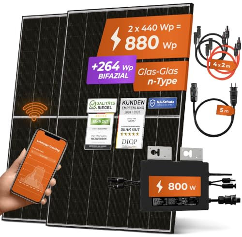 Solarway® 880W Balkonkraftwerk 800W komplett Steckdose - neuester 800 Watt Wechselrichter - Solaranlage Komplettset - 440W bifaziale Solarmodule & Envertech & Zubehör