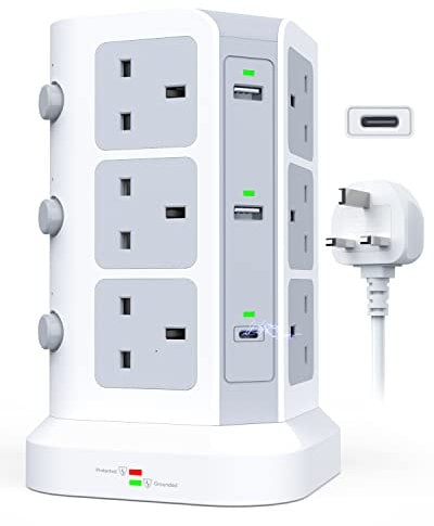 KOOSLA Dual 20W USB C Tower Extension Lead [PD 3.0/QC 3.0], 12 Way Extension Tower with 4 USB A Output [13A 3250W] Surge Protected Plug Extension for Office, Home, School, 2M Extension Cord, White