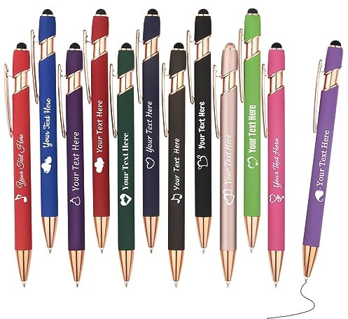 OXYEFEI Rosegold Kugelschreiber mit Gravur, 1mm 12Farben Optional mit Stiftspitze Personalisierte Stifte Hochwertig Metall Touchpen mit Text Muster oder Logo für Touchscreens(12 Stück, sortiert)