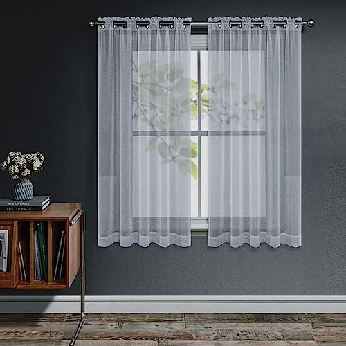 Joydeco Gardinen Kurz mit Ösen Transparente 2er Set, Optik Gardine Voile Ösenvorhang Ösenschal Durchsichtig Vorhang Kurz für Schlafzimmer Wohnzimmer Schlaufenschal (Grau, 2xH145xB140)