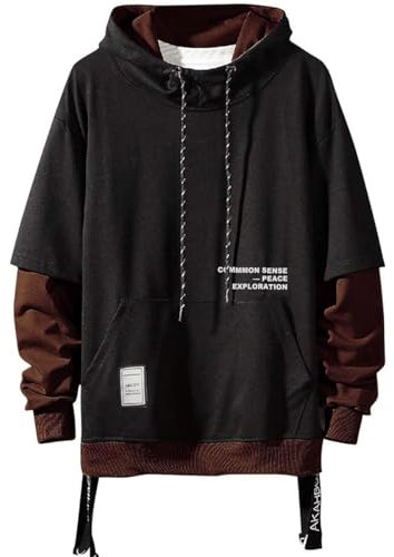 Moshtashio Kapuzenpullover für Herren, Patchwork Hoodie mit Kontrastfarbe Langarm Basic Sweatshirt Pullover mit Kapuze(1 Schwarz braun,L)