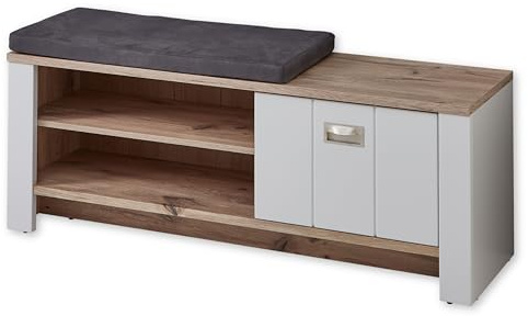 Stella Trading Dijon Schuhbank mit Sitzfläche in Ashgrey, Viking Oak Optik - Moderne Sitzbank mit Stauraum für Flur und Garderobe - 130 x 52 x 38 cm (B/H/T)
