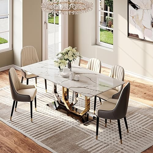 POVISON Esstisch modern weiß, Küchentisch aus Faux Kunstmarmor, für Küche und Esszimmer,Esstisch 160cm für 4-6 Personen,einfache Installation(ohne Stühle)